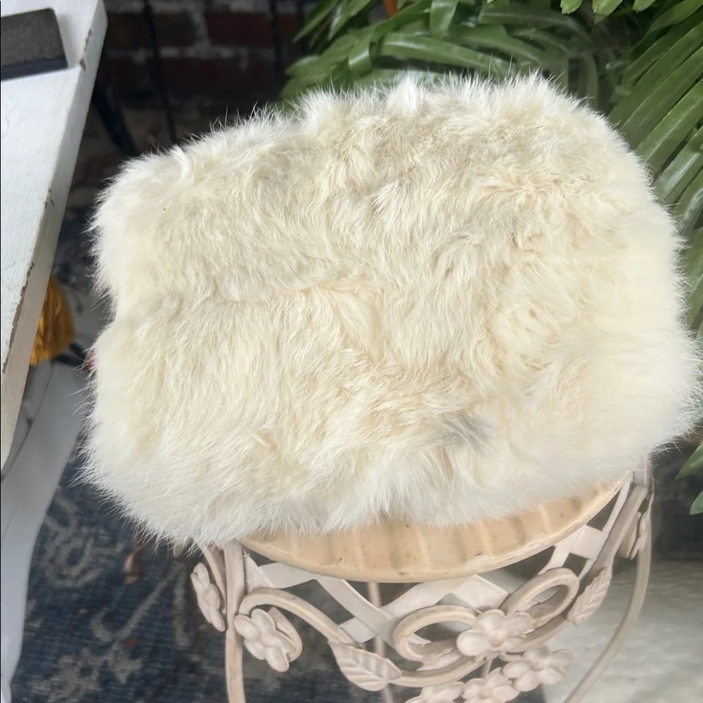 Vintage 60’s White Rabbit Fur Hand Muff with Red Strap